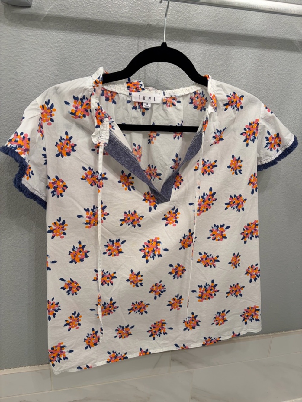THML White Floral Tie-Neck Top with Navy Trim
